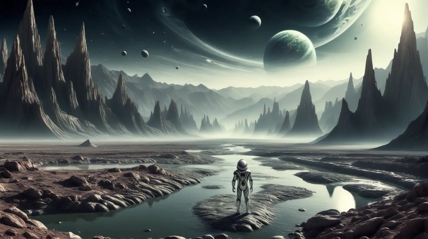 Solitary Spaceman Contemplates Alien River Amidst Majestic Mountains