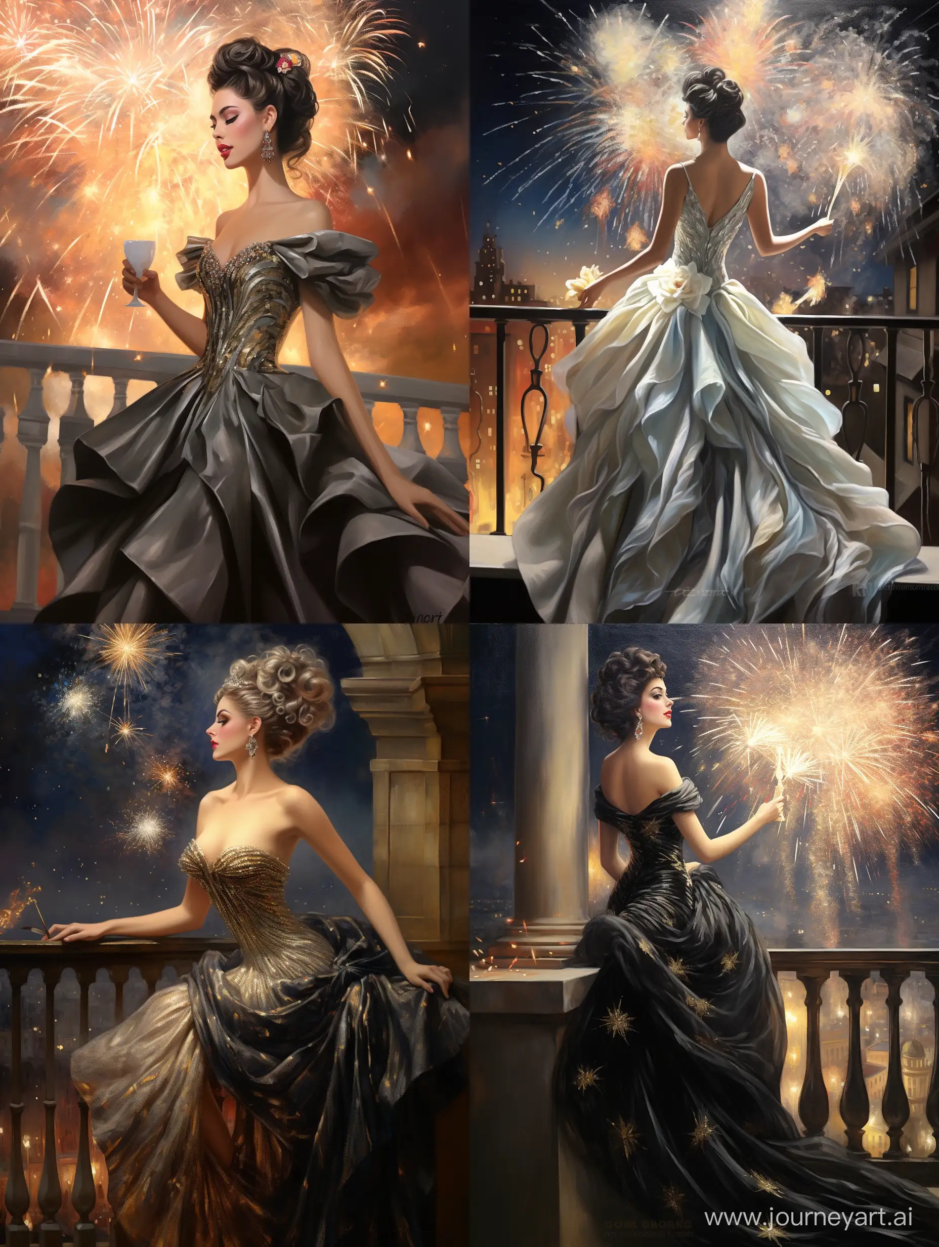 Ethereal-New-Years-Party-Elegant-Woman-Amidst-Colorful-Fireworks