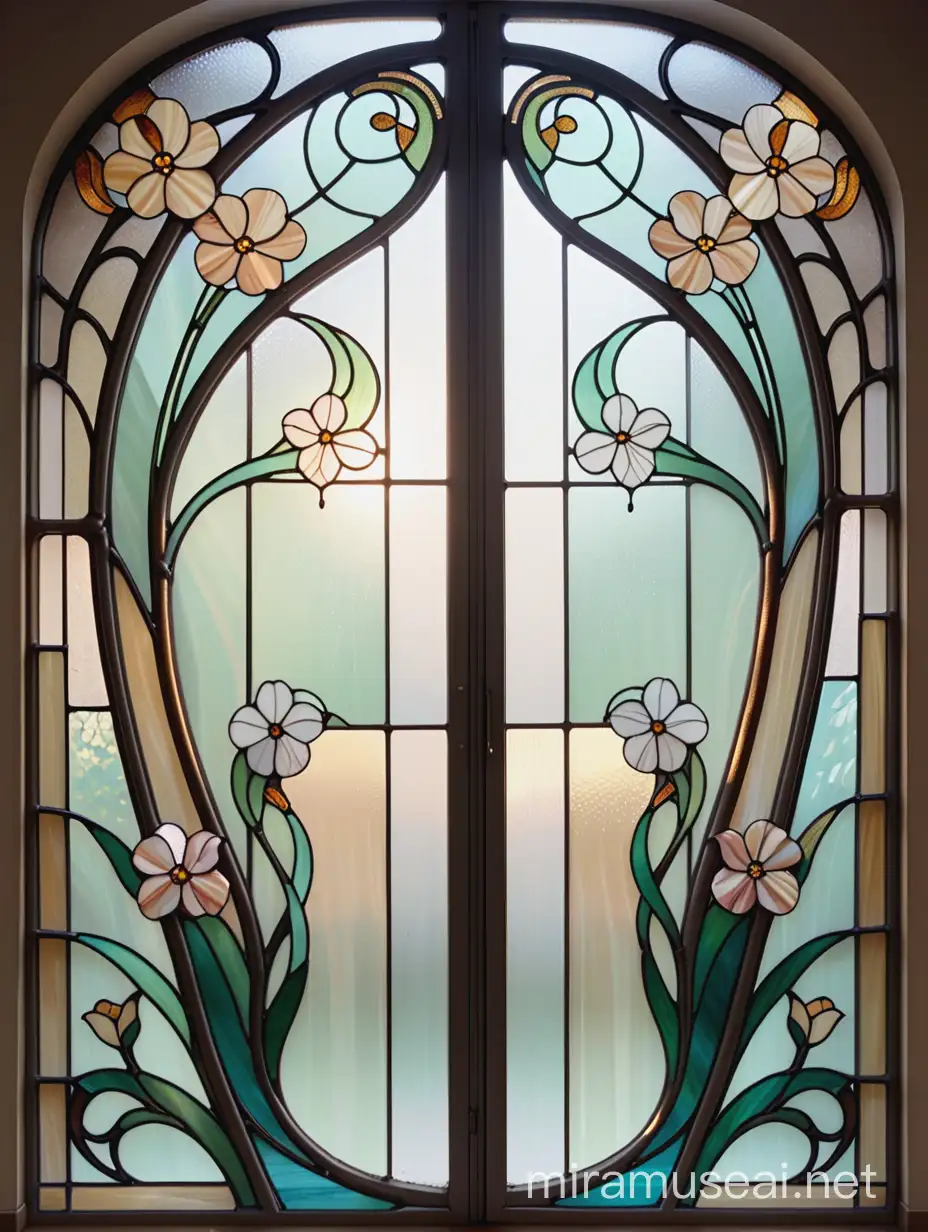 прямоугольная, 4 четырехстворчатая витражная стена в технике тиффани, в стиле модерн, с цветочным узором, с красивыми плавными, изогнутыми линиями, из бежевого и белого цвета стекла на фоне штор из органзы