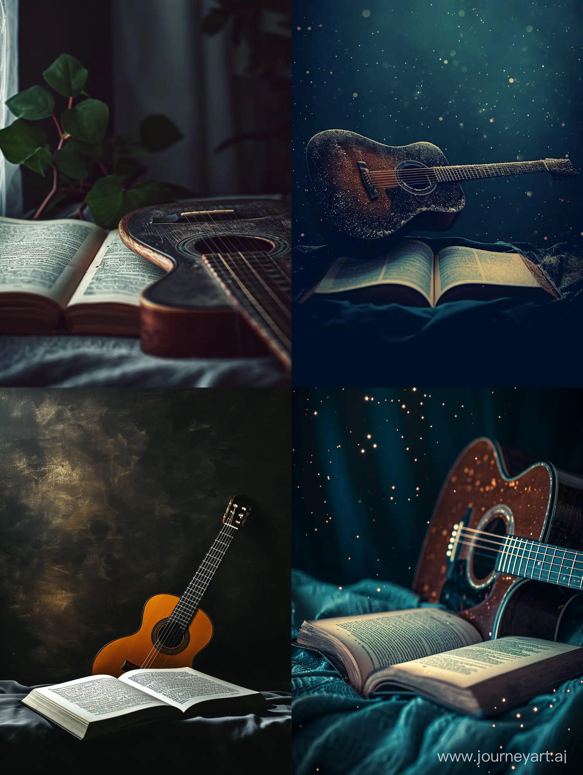 Learning tricks and secrets of acoustic guitar, scientific cover book style, realist image, dark colors