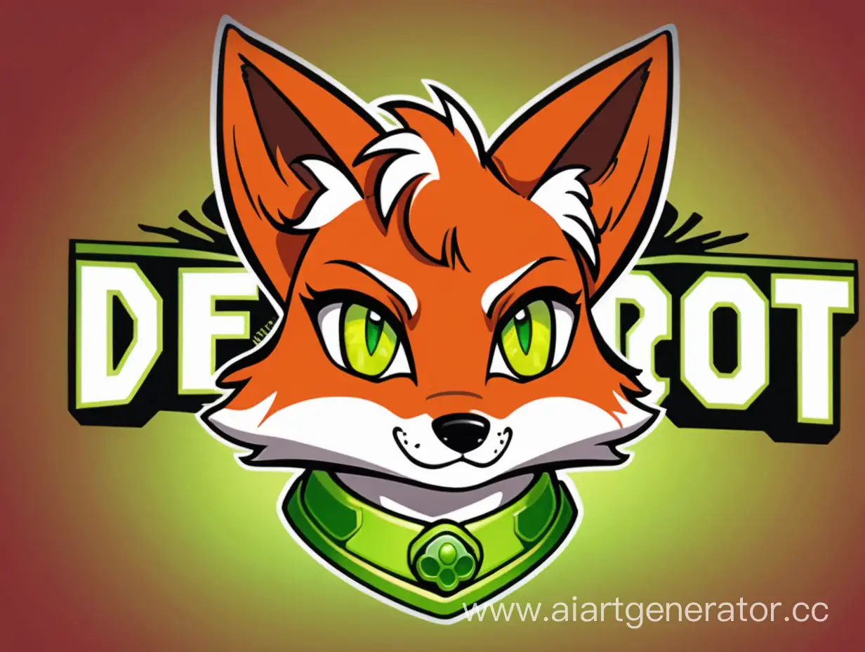 The logo of the game "DETROIT", furry fox in a lime collar and with lime eyes, red fur