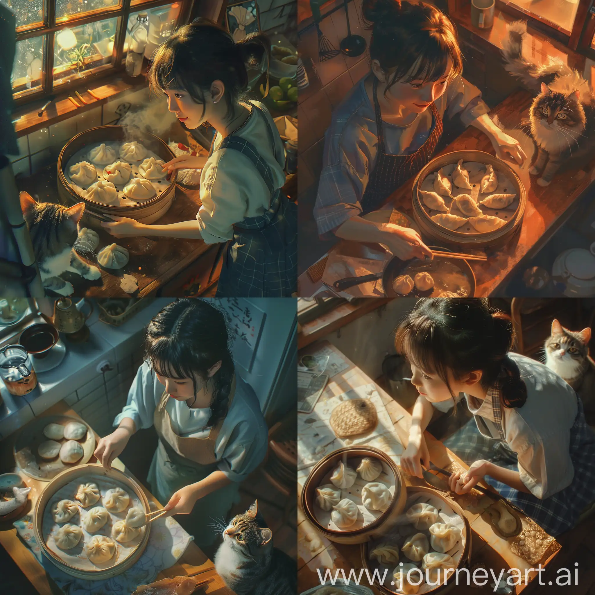 Young-Woman-Crafting-Japanese-Dumplings-with-Feline-Companion