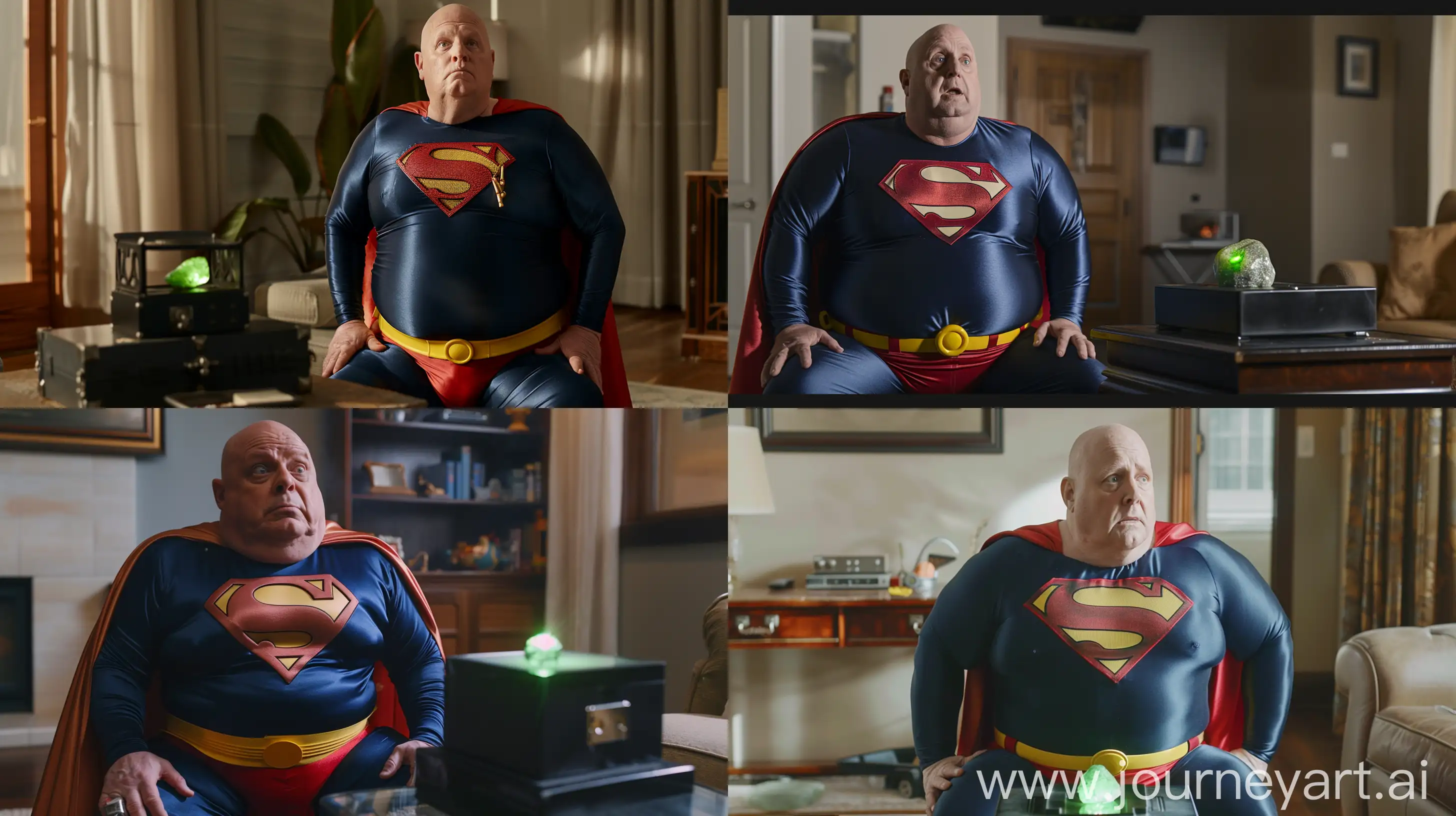 Elderly-Superman-with-Kryptonite-Bald-Man-in-Blue-Suit-and-Red-Cape