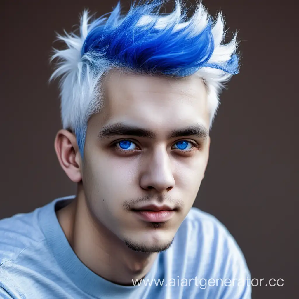 Парень с сине-белыми волосами без зрачков со светлой кожей