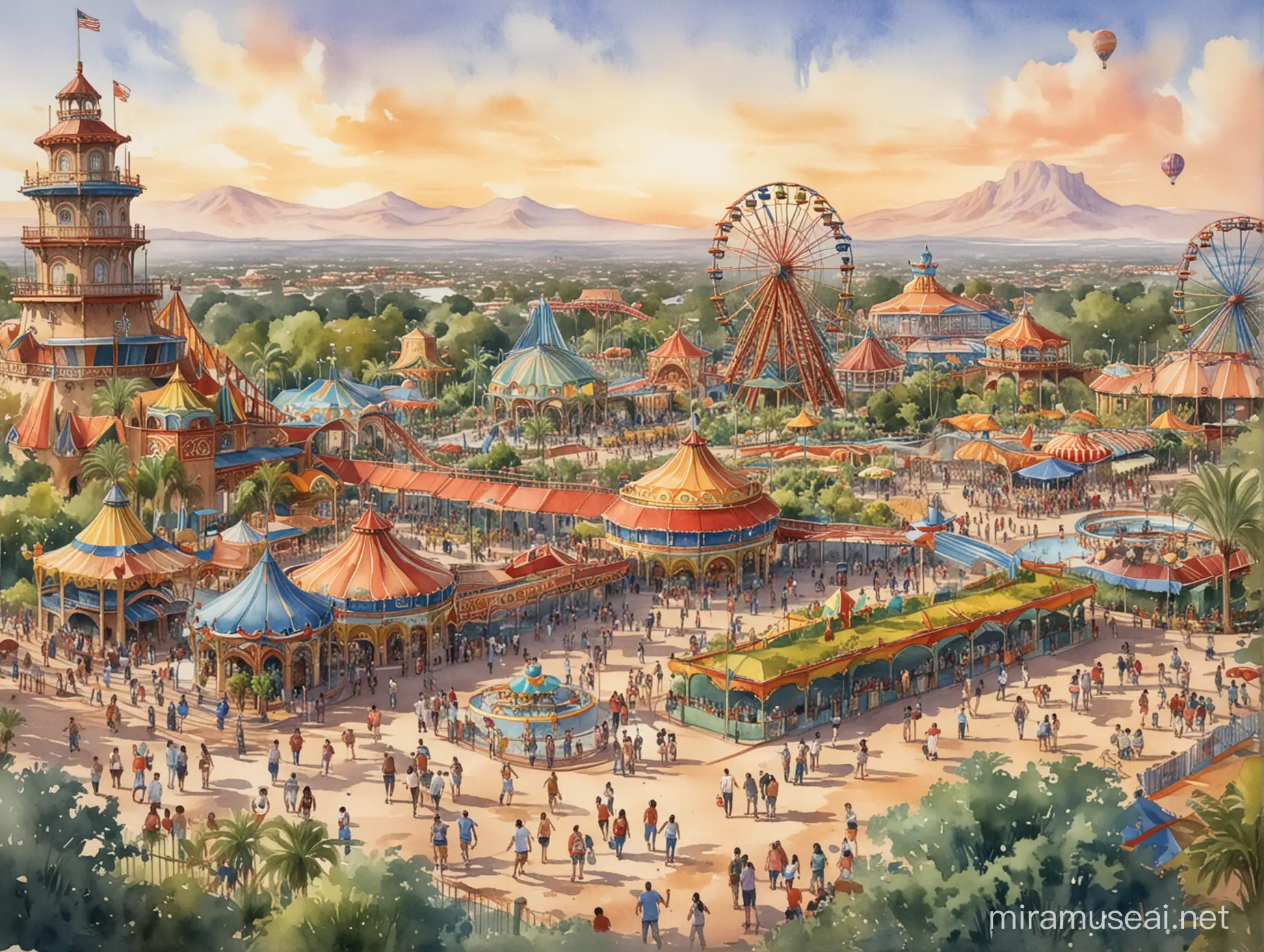 watercolor rendering of a latino is an amusement park that could be Disneyland.
