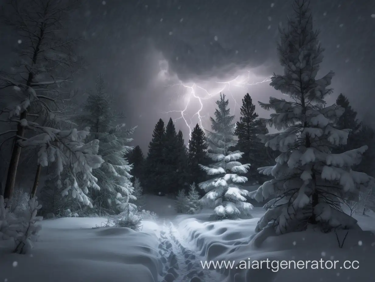 Winter-Night-Thunderstorm-Fluffy-Snow-and-White-Lightning-Amidst-Gray-Pines-Forest