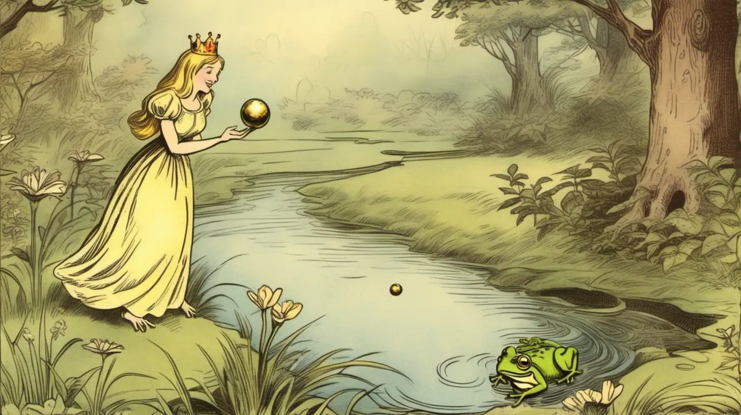 Joyful Princess and the Frogs Golden Ball Reunion in Enchanting Fairy Tale Illustration