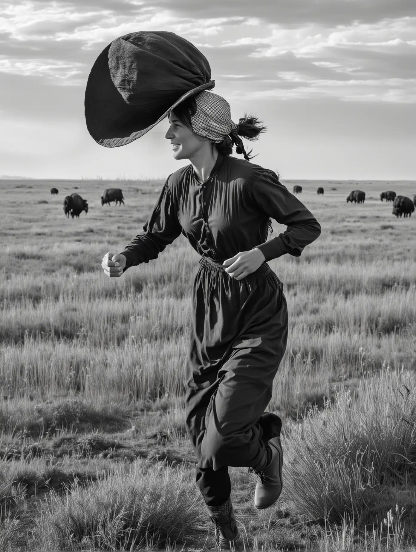 A woman runs through the prairie. She is a pioneer and wears a bonnet. There are buffalo in the background. She is seen from the side.  In black and white. 
