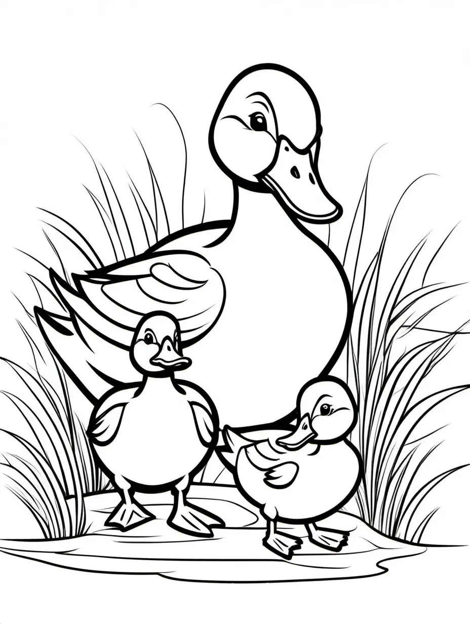 Duckling and his son for kids, Coloring Page, black and white, line art, white background, Simplicity, Ample White Space. The background of the coloring page is plain white to make it easy for young children to color within the lines. The outlines of all the subjects are easy to distinguish, making it simple for kids to color without too much difficulty