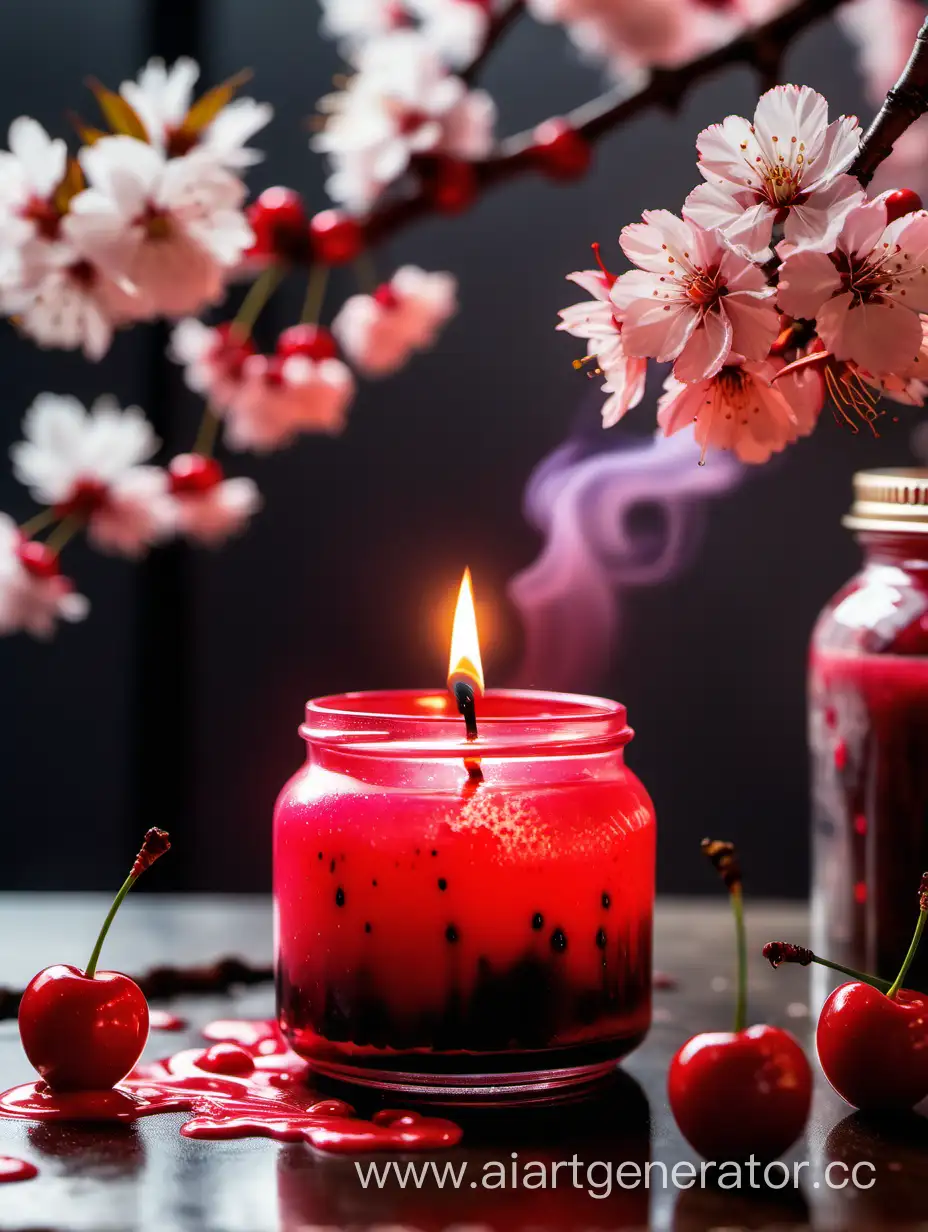 на переднем плане свеча в банке, рядом лежит вишня,на фоне красные брызгаи , дым и цветы сакуры