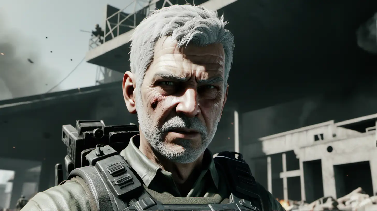a grey haired man with very short hair in the style of the video game call of duty, in the background a war zone
