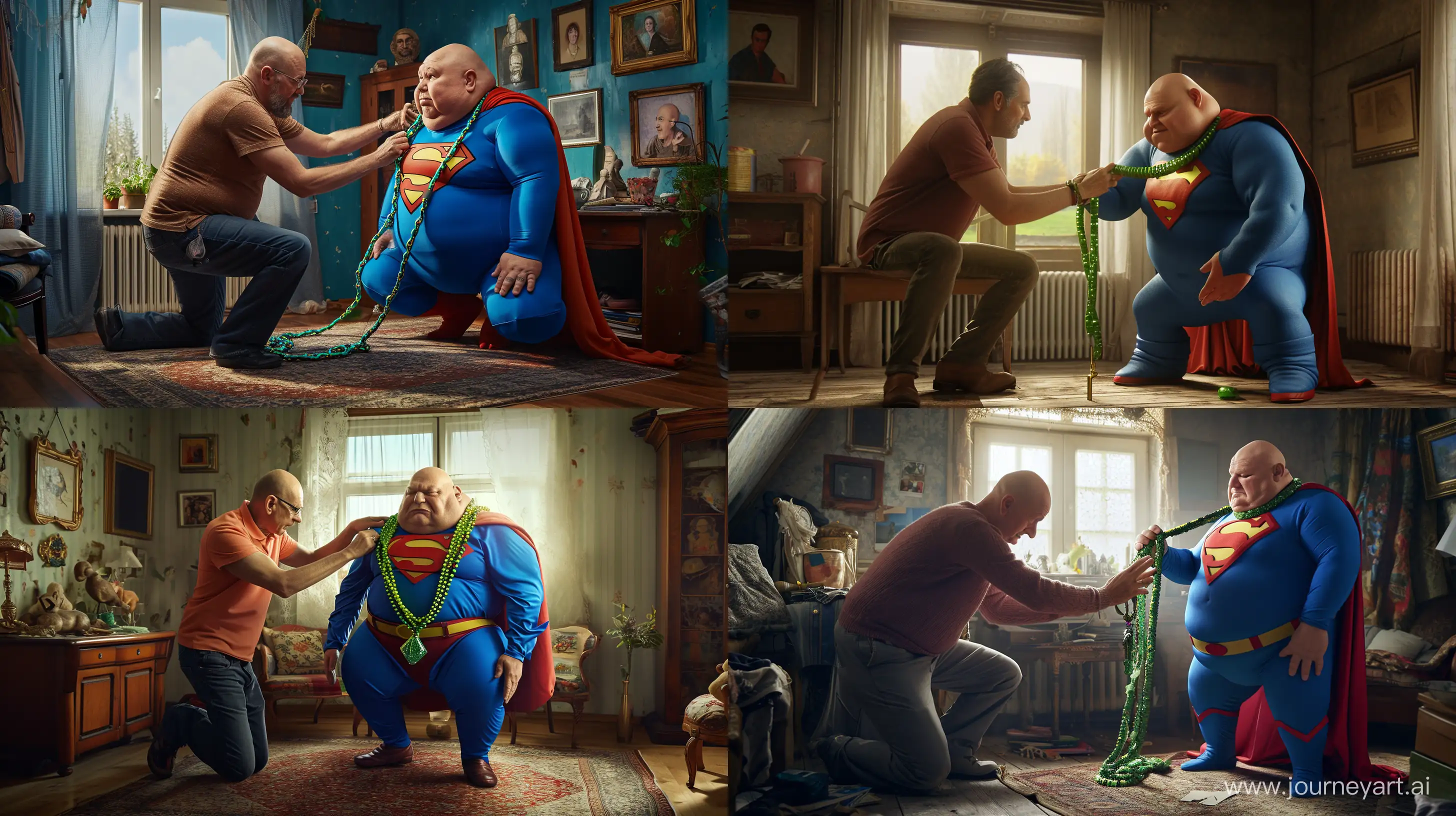 Elderly-Superman-Receives-Vibrant-Green-Necklace-in-Sunlit-Meadow