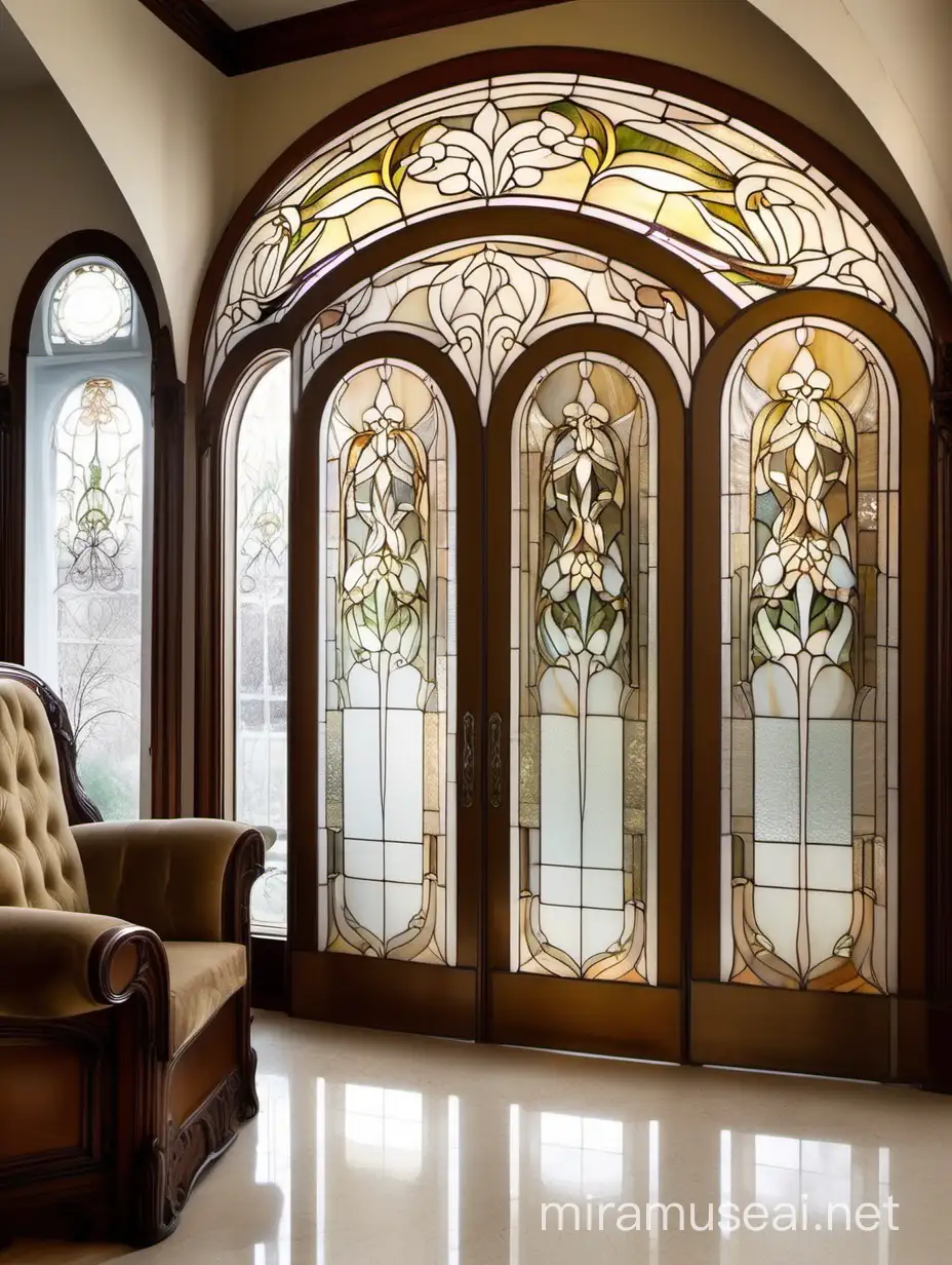 Art Nouveau Tiffany Stained Glass Windows in Elegant Living Room Interior