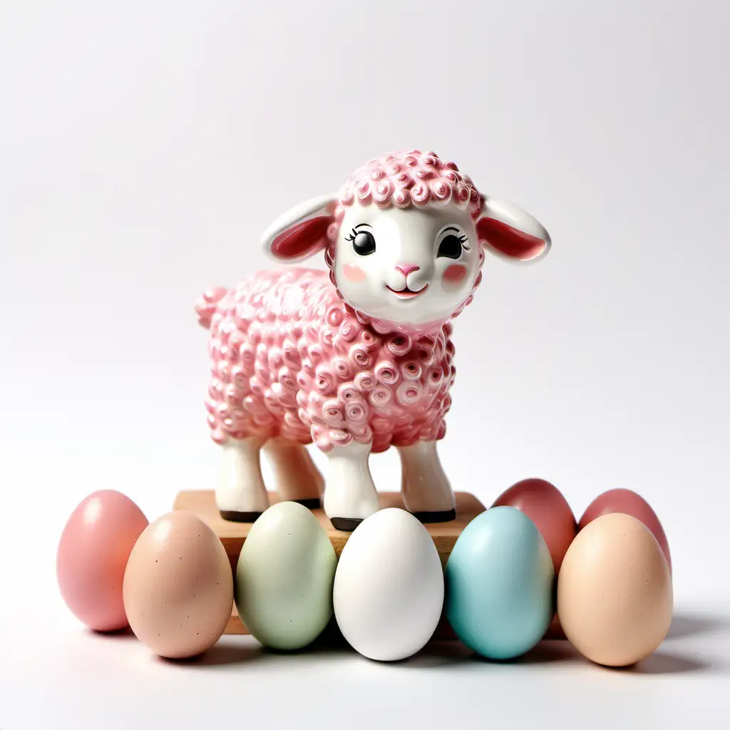 复活节 陶瓷 简洁  可爱 粉色小羊 脚踩鸡蛋 白色背景
