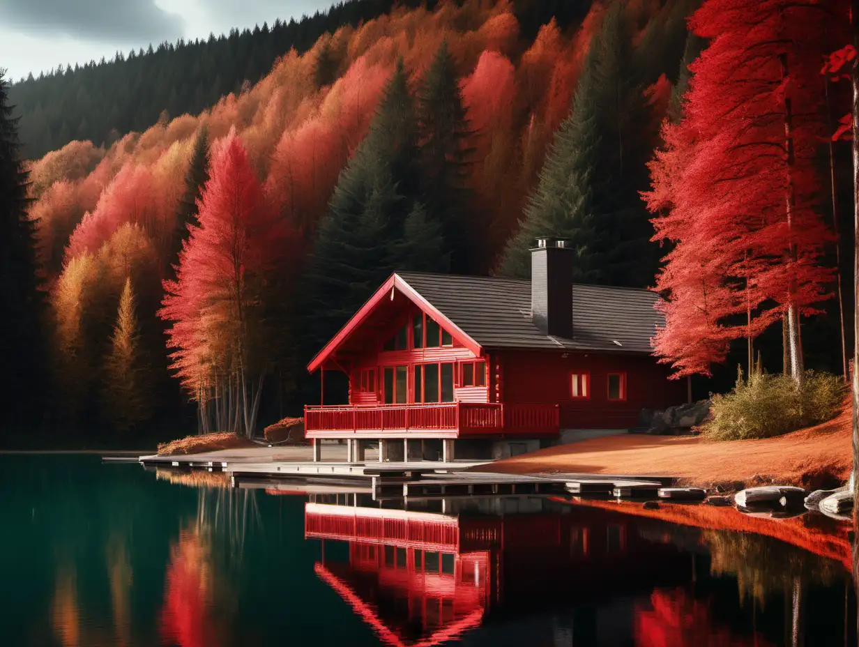 a cabin wooden chalet close up at the front of a lake with vibrant red tones of a surrounded forest