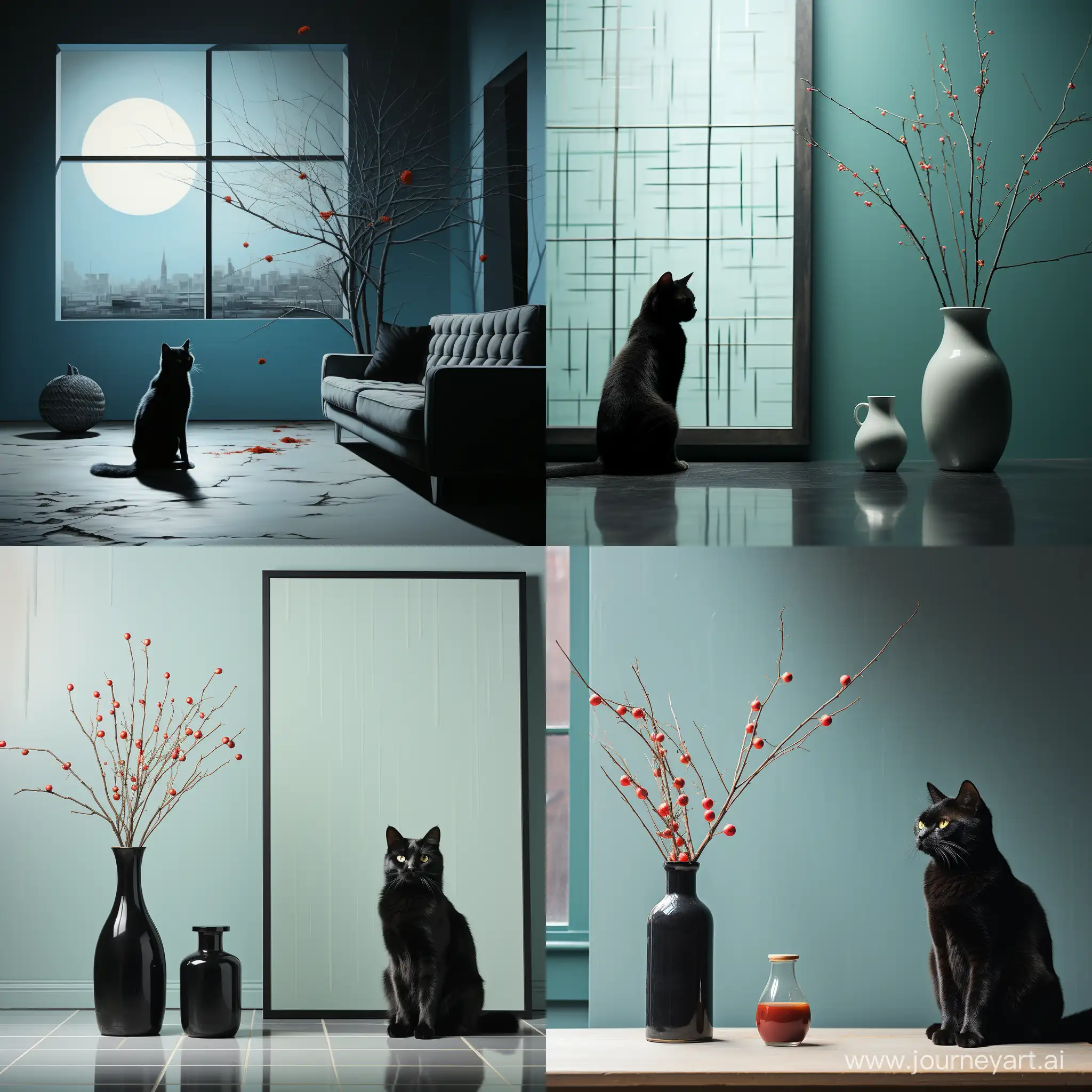 минимализм::1.5, голубая кошка с черными узорами лениво на фоне окна, мягкий свет проникает через окна отбрасывая блики на кошку, --s 1000