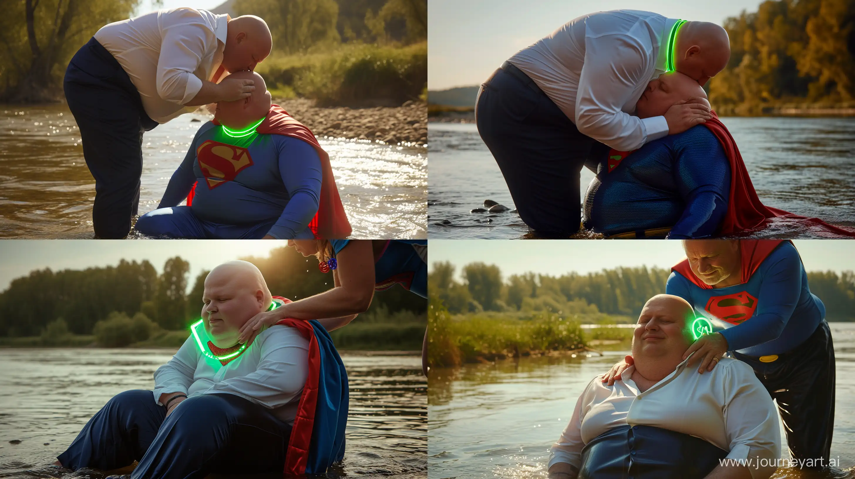 Close-up photo of a fat man wearing silk navy business pants and a white shirt. Bending and putting a tight green glowing neon dog collar on the nape of a fat man aged 60 wearing a tight blue superman costume with a red cape sitting in the water. Bald Clean Shaven. Daylight. River. --style raw --ar 16:9