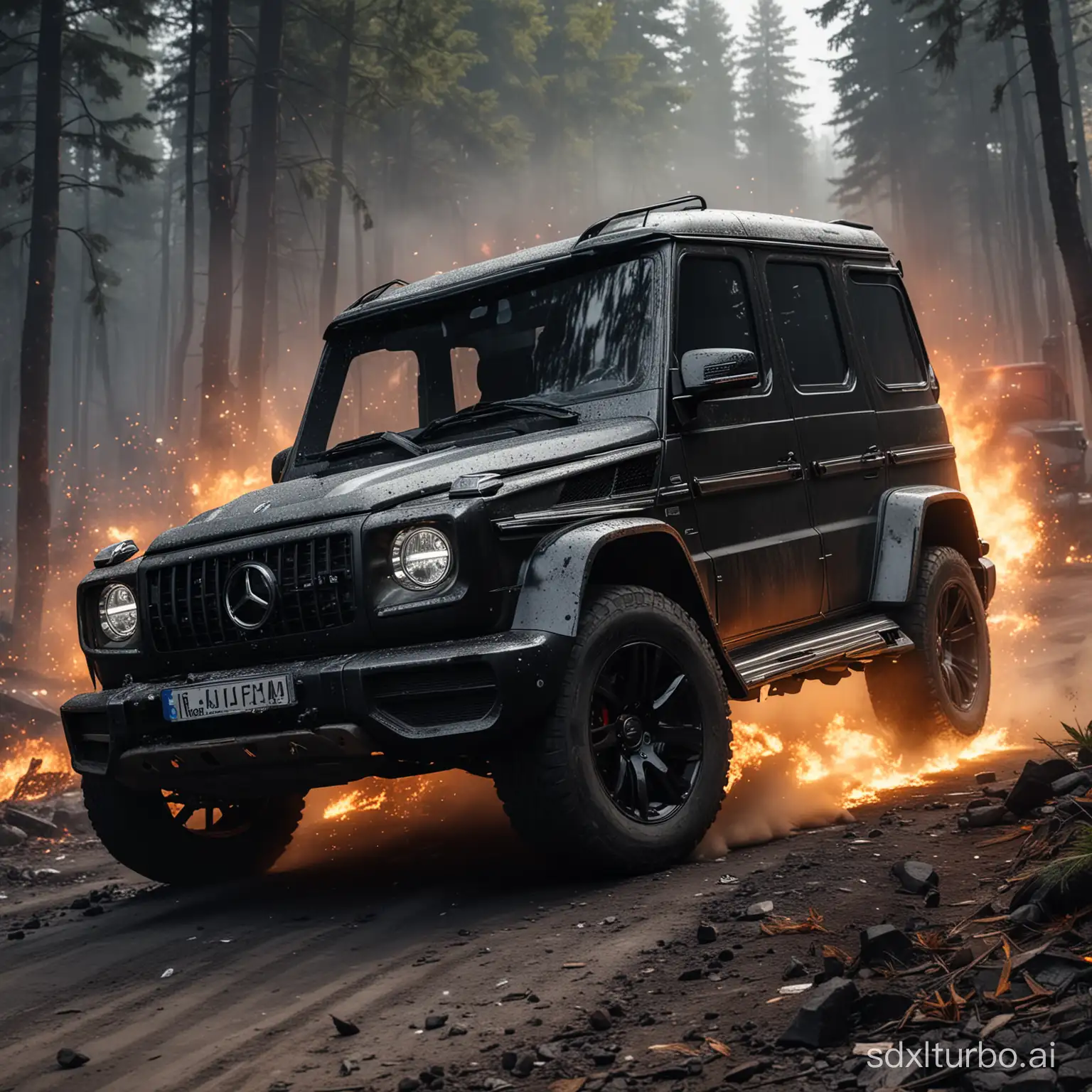 Explosive-Mercedes-GClass-Rally-Car-in-Black-Forest-Fire