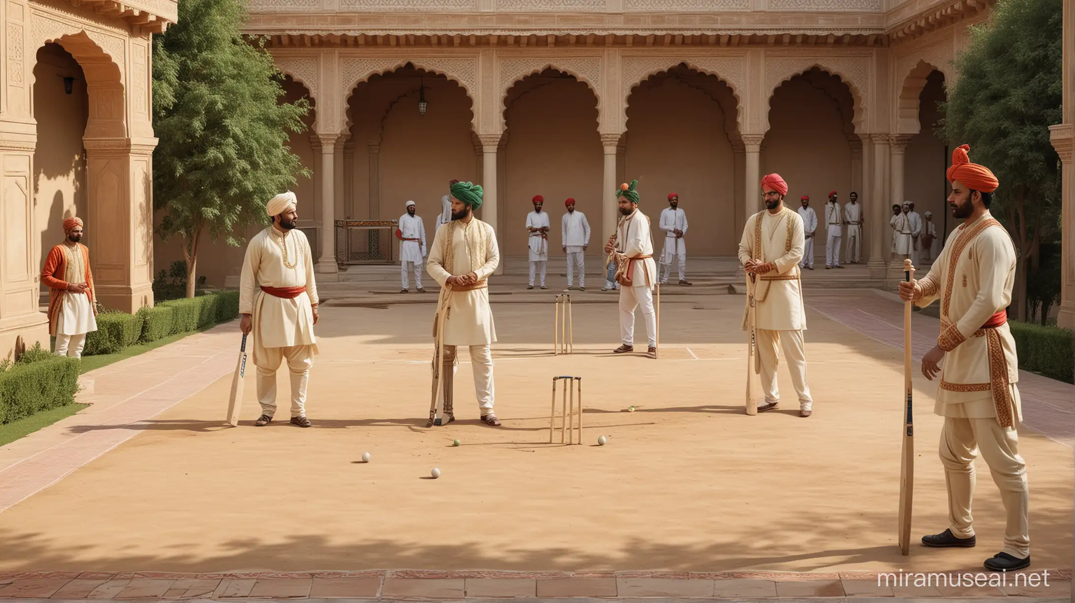 AI image depicting Mughal kings playing cricket. Show them dressed in traditional Mughal attire, playing cricket in a royal garden or palace courtyard. Include elements like vintage cricket equipment and a sense of regal competition to blend historical imagery with a modern sport