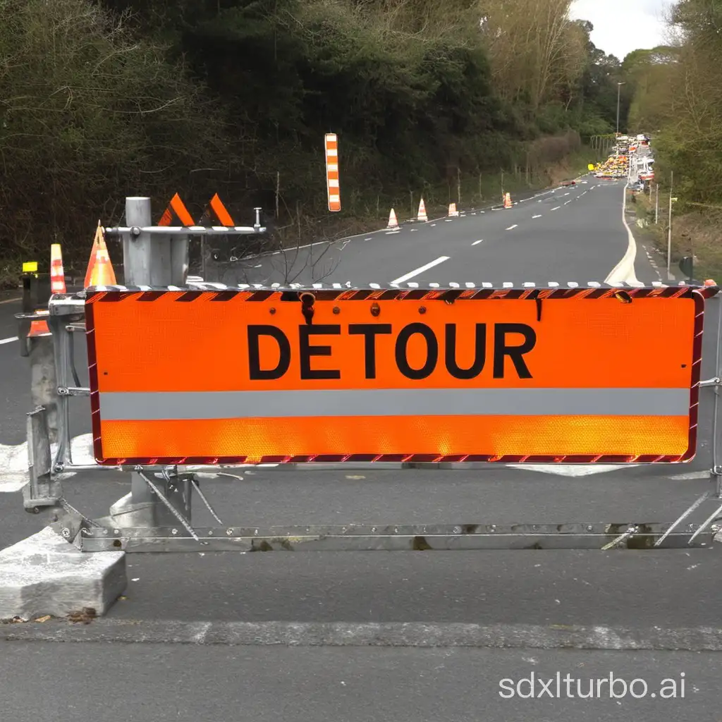 Orange road works sign that says detour