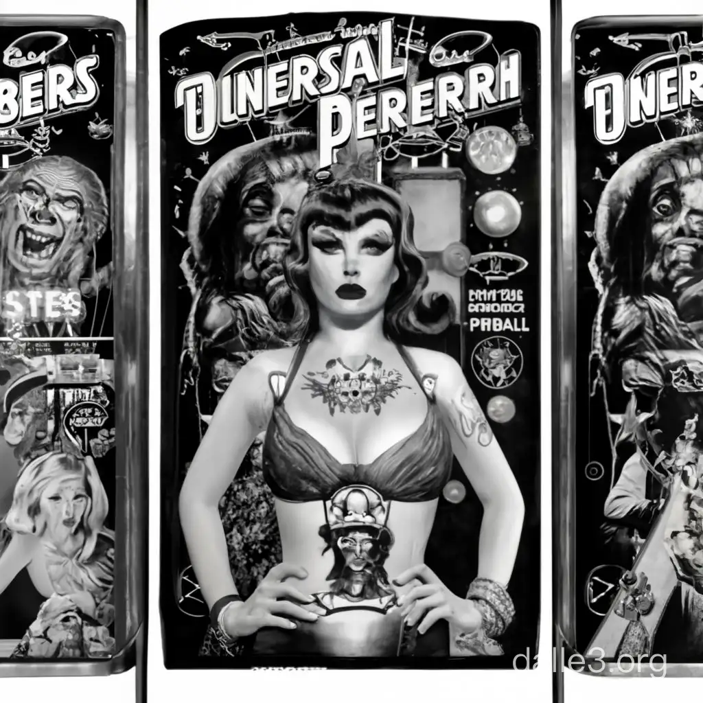 Pinball cabinet art in black and white featuring universal movie monsters and buxom pinup models with tattoos