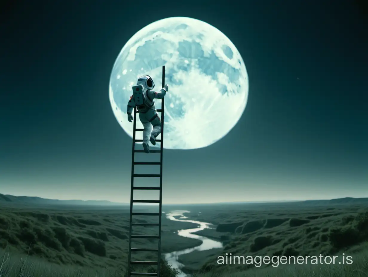 In the middle of the screen stands a person-shaped character. At this moment, near the top of the ladder, there is a person wearing a spacesuit climbing strenuously upward. In the center of the background picture is a full moon, with a landscape below consisting of grasslands and rivers. The entire scene is dimly toned.