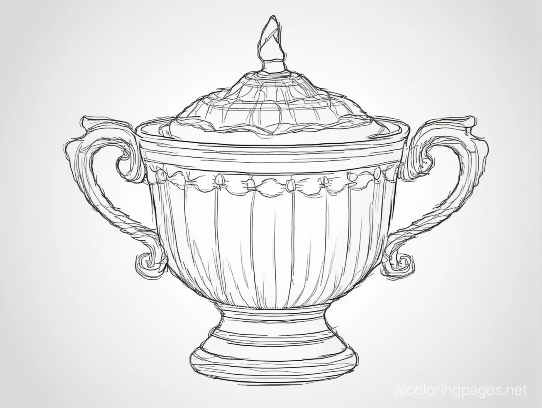gold cup, Coloring Page, black and white, line art, white background, Simplicity, Ample White Space. The background of the coloring page is plain white to make it easy for young children to color within the lines. The outlines of all the subjects are easy to distinguish, making it simple for kids to color without too much difficulty
