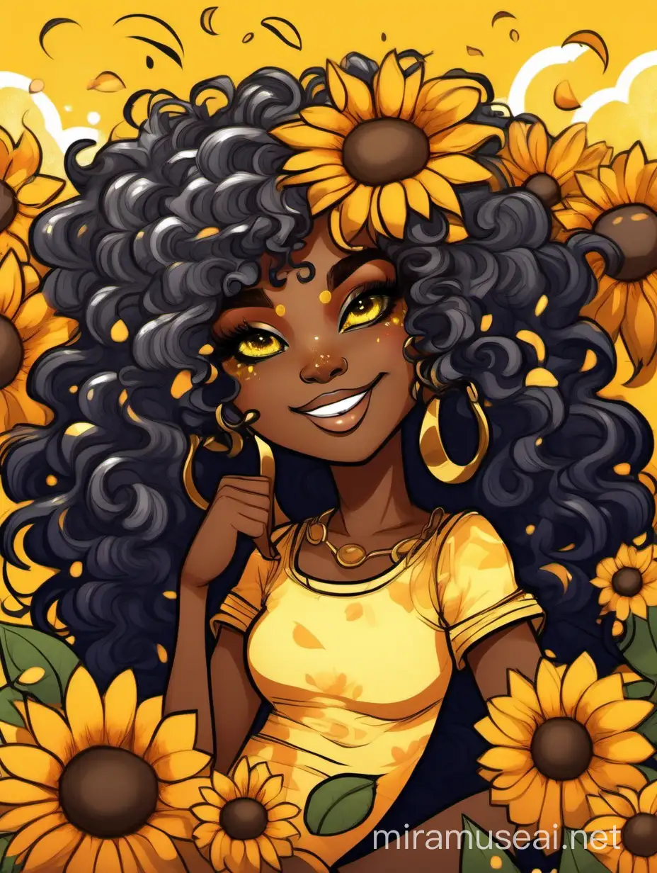 A sassy thick-lined art nouveau art cartoon black chibi girl lounging lazily on her side, surrounded by colorful flower petals. She is in the middle of the astrological Leo symbol with Prominent makeup. Highly detailed tightly curly black afro. Background of large yellow sunflowers surrounding her . Looking up coyly, she grins widely, showing sharp lion teeth. Her poofy hair forms a mane framing her confident, regal expression.