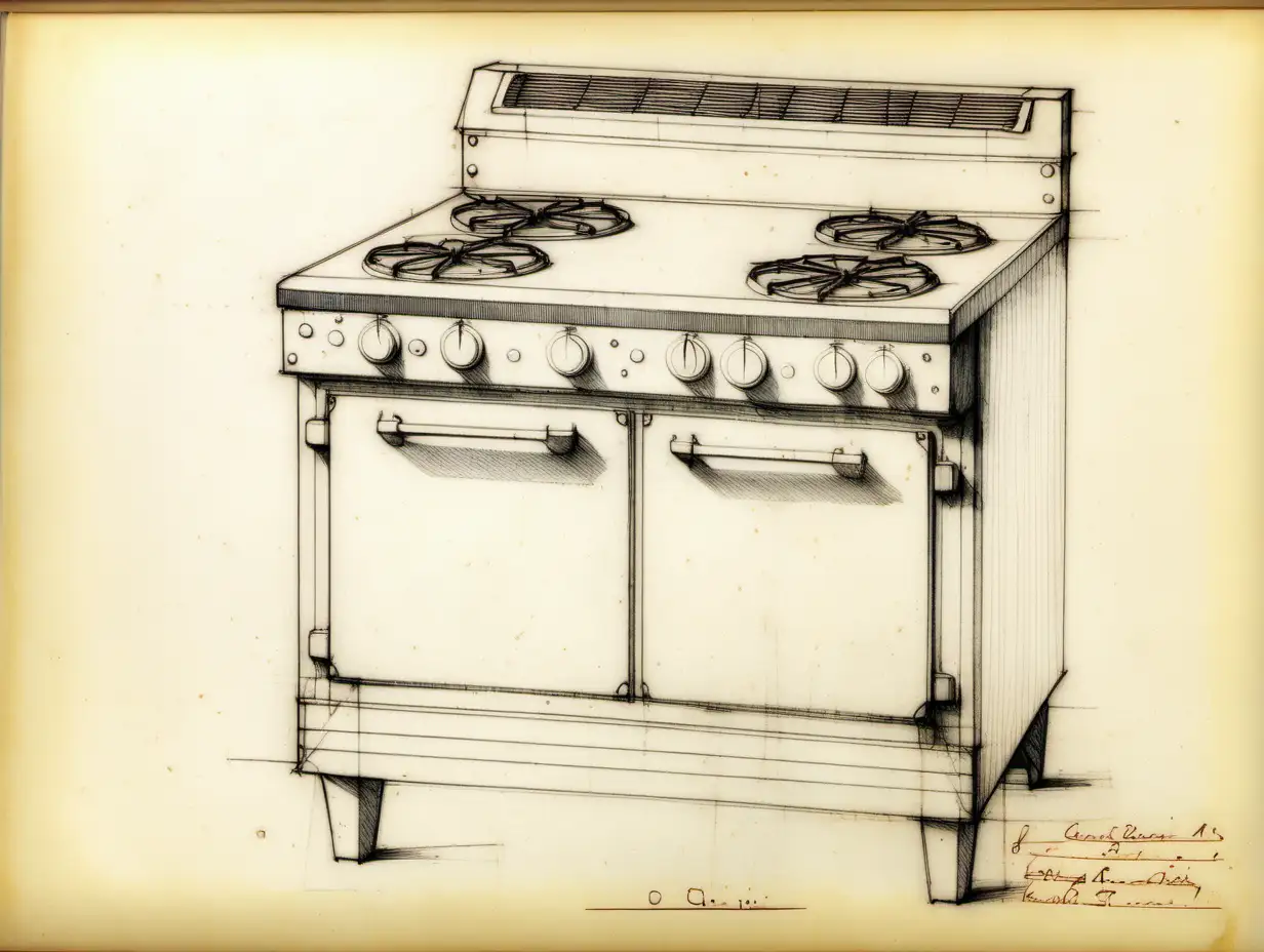 Leonardo Da Vinci's rough pencil sketch of a 1970s electric cook range.