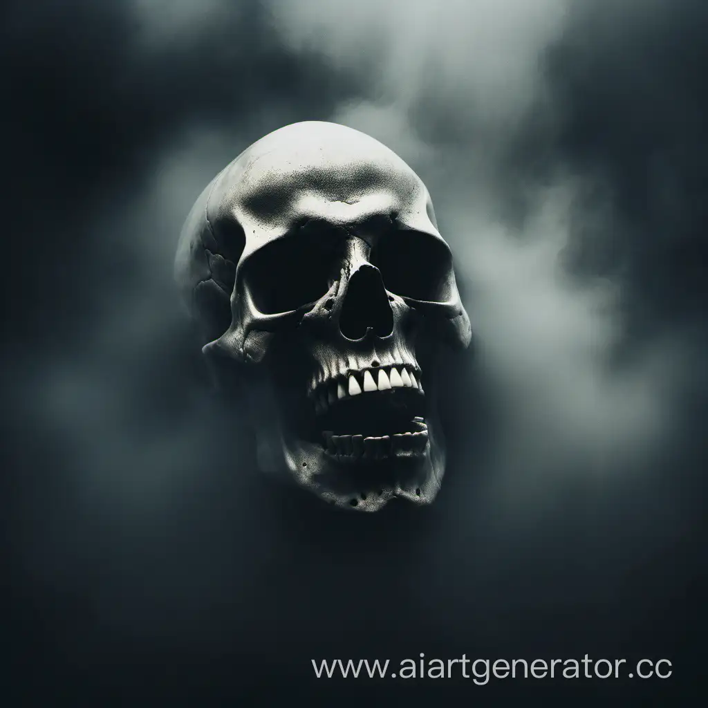 Skull with an open jaw against a dark mist