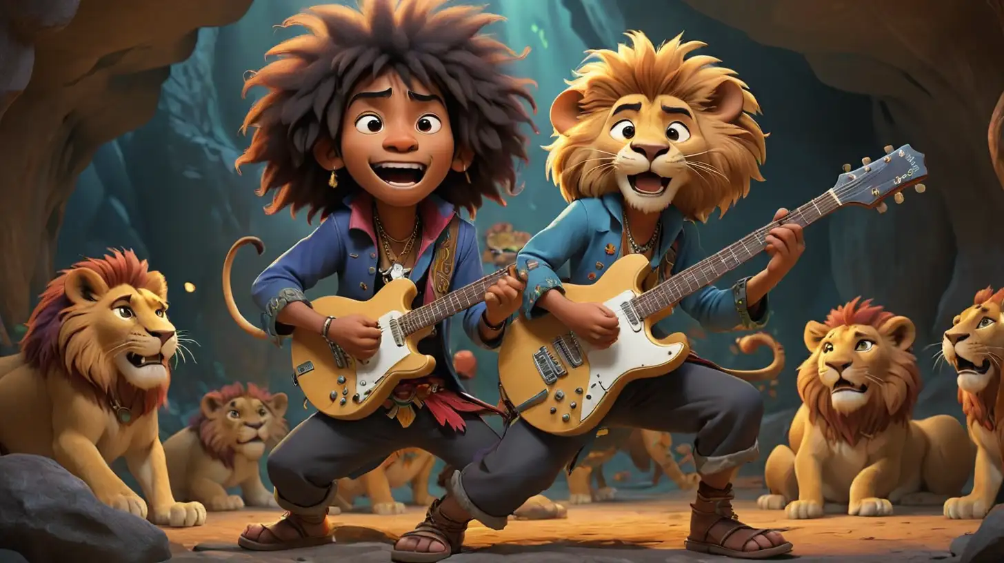 Jimmy hendrix playing guitar with lions dancing behind him in a cave pixar style , Maya 