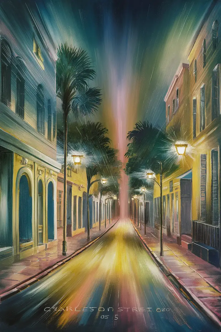 Freida Kalho painting painting of a busy Charleston street scene at night use of warm, soft colors that are "glowing" or "luminous." Use a limited palette of colors, primarily blues, greens, yellows, and pinks, layer and blend to create subtle variations in hue. The colors are often used to create a sense of depth and volume, with the use of gradients and highlight 