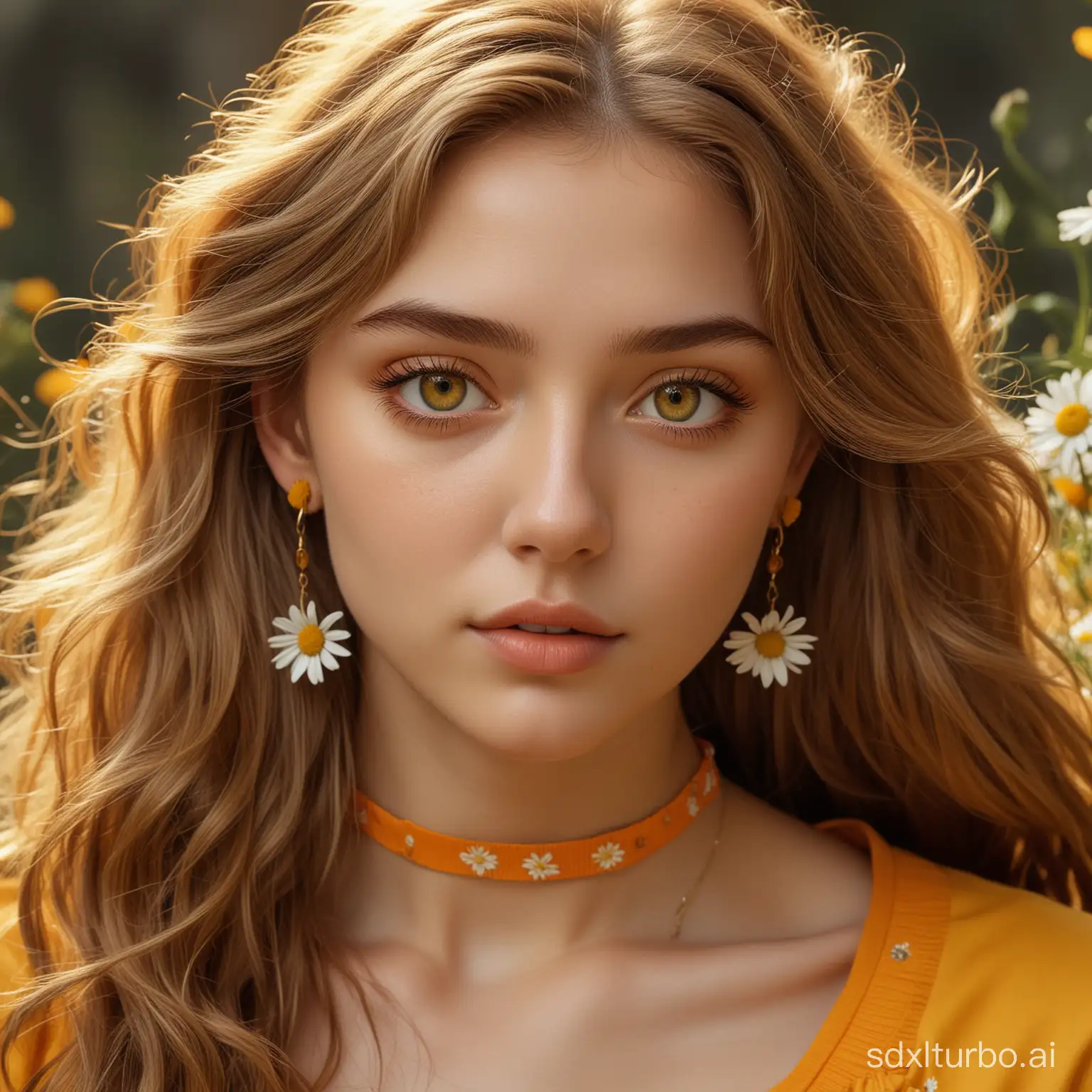 Supreme quality, masterpiece, a girl, light brown long hair, slightly curly, yellow earrings, choker, (orange attire), (exquisite hair portrayal), (exquisite yellow eyes portrayal), (exquisite facial features portrayal), solo, (daisies), portrait description, sense of brokenness