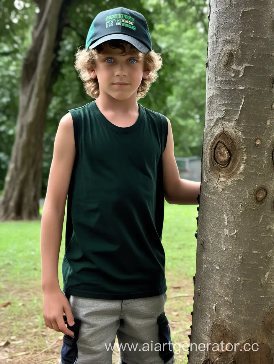 Young-Boy-with-Mullet-Haircut-Standing-by-Tree-Trunk-in-Overcast-Weather