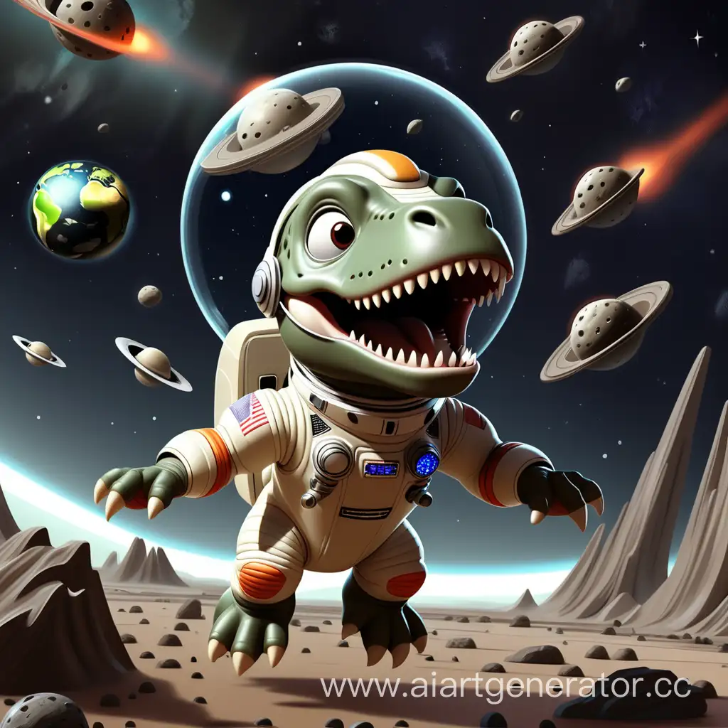 Baby-Tyrannosaurus-in-Space-Suit-Floating-Among-Falling-Comets-and-Spaceship