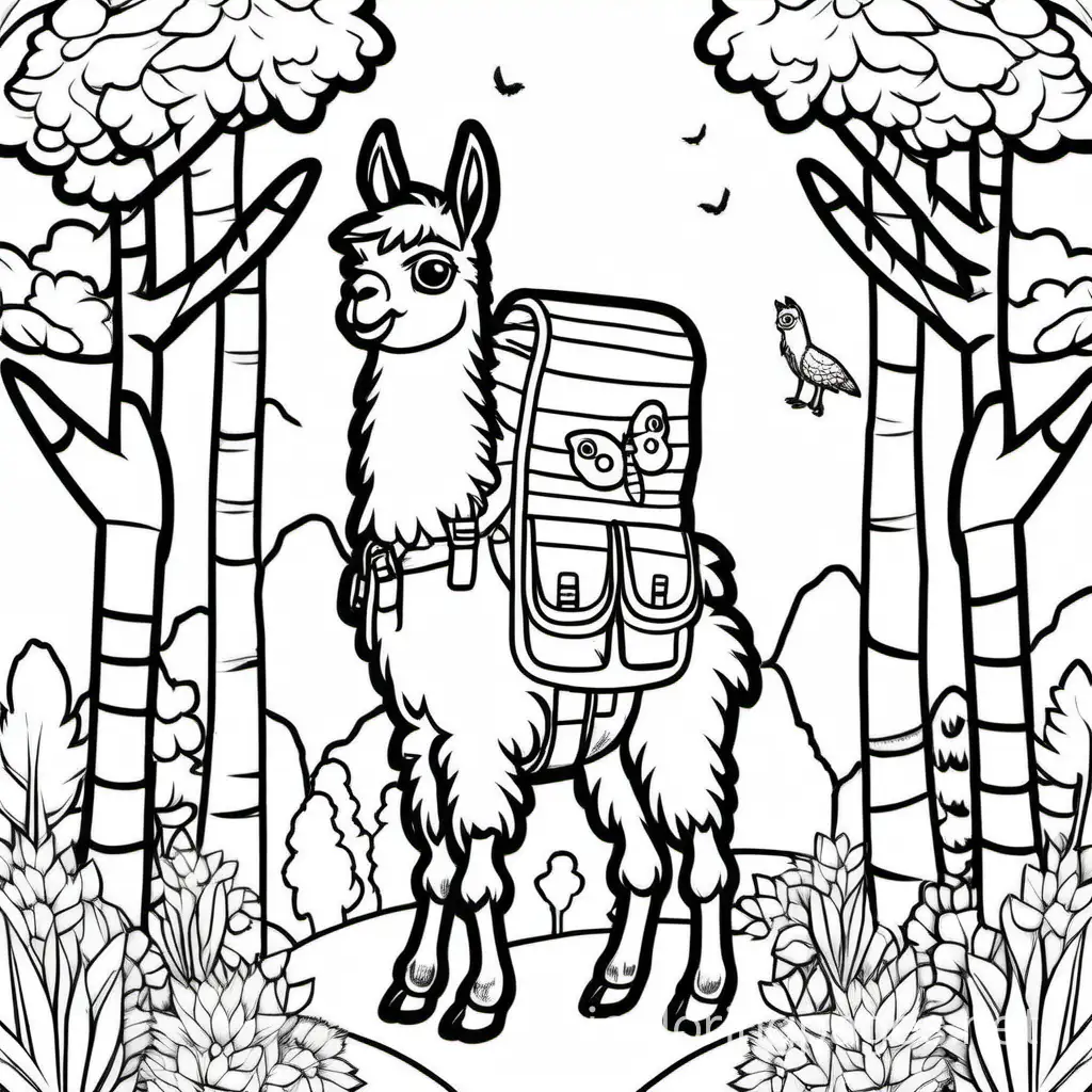 llama with backpack with owl in forest, Coloring Page, black and white, line art, white background, Simplicity, Ample White Space. The background of the coloring page is plain white to make it easy for young children to color within the lines. The outlines of all the subjects are easy to distinguish, making it simple for kids to color without too much difficulty