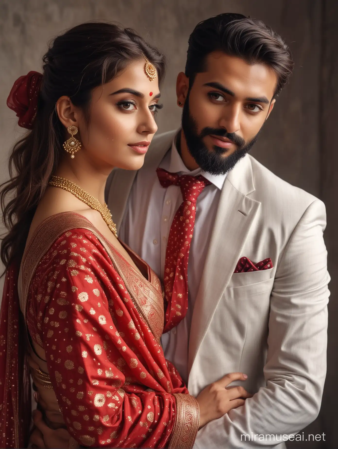 full portrait photo of most beautiful european couple as most beautiful indian couple, most beautiful girl in saree, low cut back, red dot,  full makeup, embracing man from back side, girl holding man from back, girl holding man from back with emotional attachment and ecstasy, man with stylish beard and in formals and tie, photo realistic, 4k.