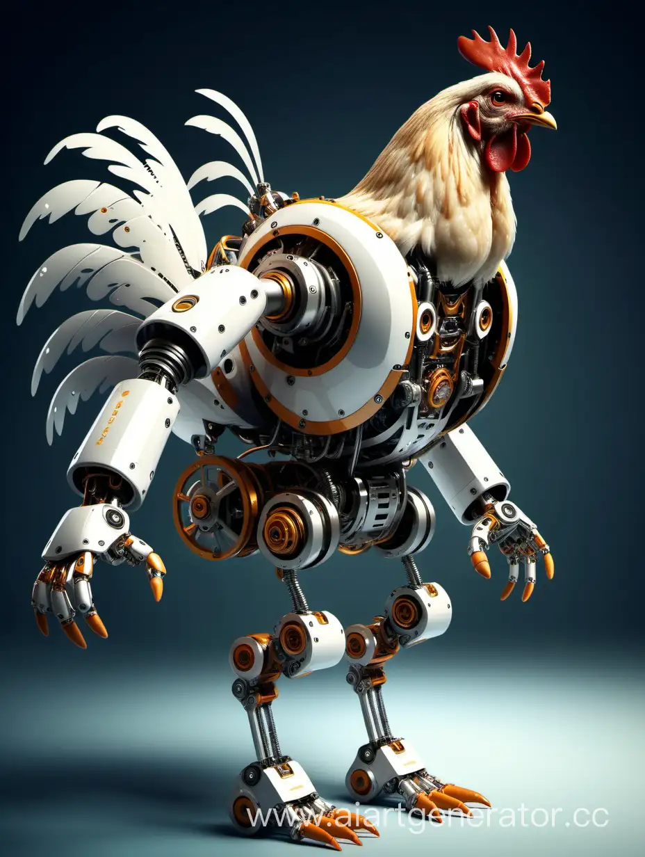 Курица в  механическом экзоскелете костюме. С робо-руками и робо-ногами похожие на человеческие 