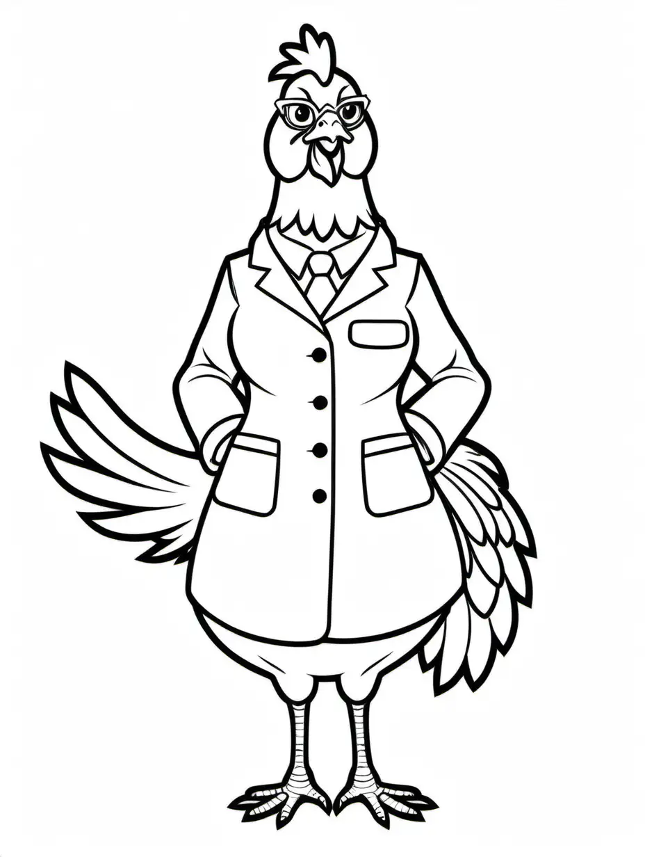 coloring page for kids, chicken dressed as female secretary, no shading,