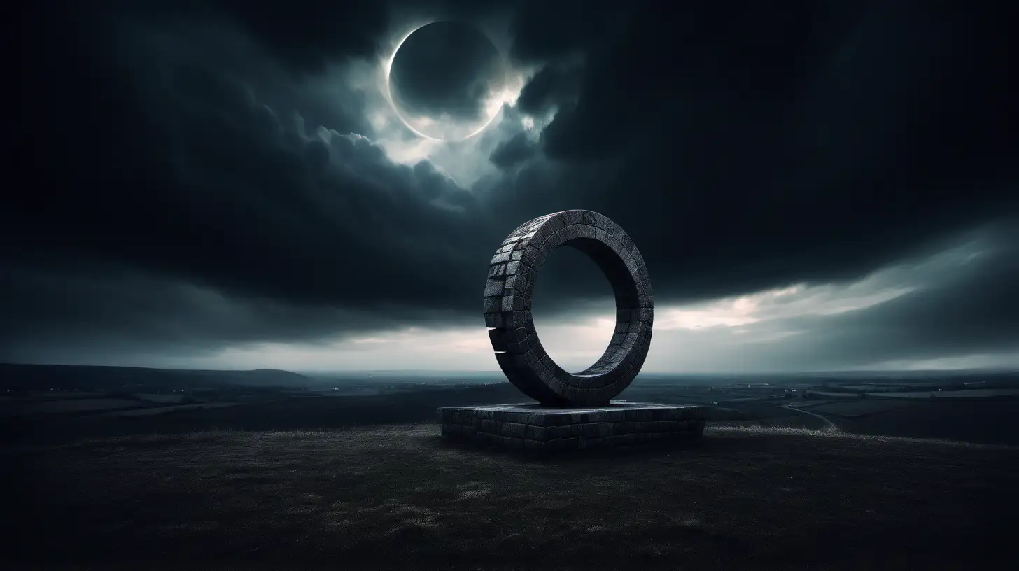 image of ezkiel's vision of the stone wheel in the sky, dark moody landscape
