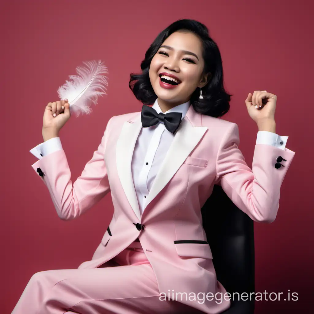sophisticated and confident indonesian woman with shoulder length hair and  lipstick wearing a pink tuxedo with a white shirt with cufflinks and a black bow tie, foldking her arms, laughing and smiling.  She is sitting down and reaching toward you with a feather.
