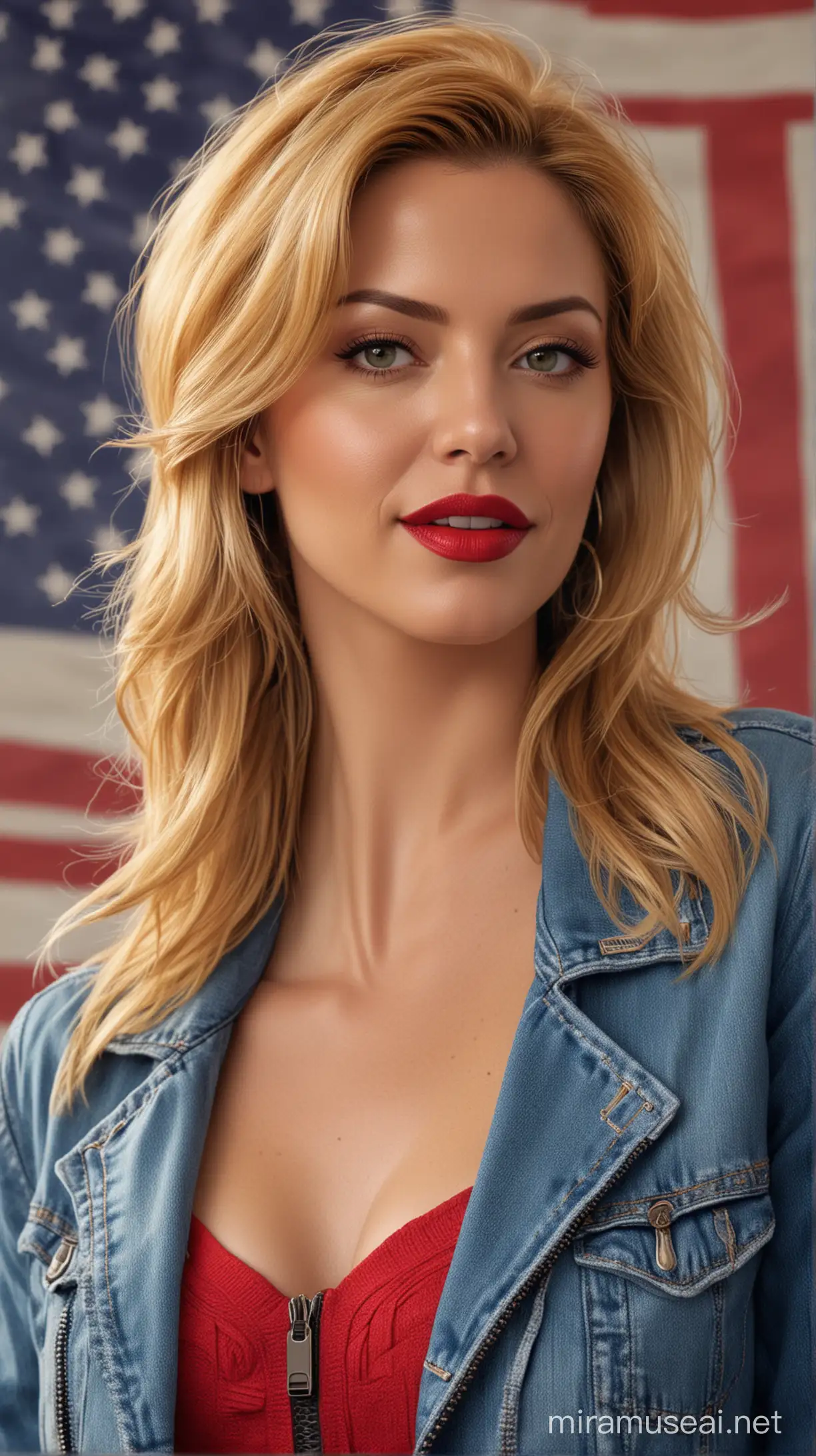4k Ai art front view beautiful USA 50 years old hot lady golden hair red lipstick ear tops blue jeans and zipper jacket in usa appointment
