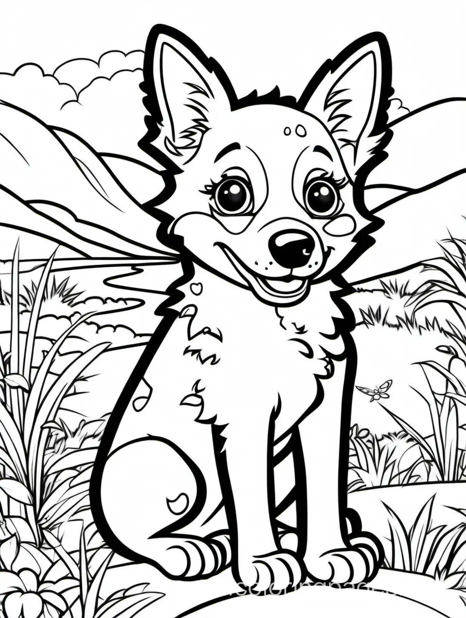 cute Queensland heeler in an Australian setting, Lisa Frank style, Coloring Page, black and white, line art, white background, Simplicity, Ample White Space. The background of the coloring page is plain white to make it easy for young children to color within the lines. The outlines of all the subjects are easy to distinguish, making it simple for kids to color without too much difficulty., Coloring Page, black and white, line art, white background, Simplicity, Ample White Space. The background of the coloring page is plain white to make it easy for young children to color within the lines. The outlines of all the subjects are easy to distinguish, making it simple for kids to color without too much difficulty