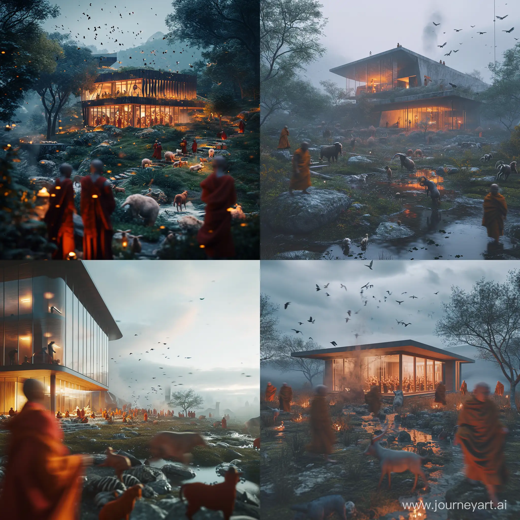 a Bjarke Ingels house in an amazing happy landscape with a lot of animals and blurried monks, extremely detailed, low natural light and high artificial lights, award winning architecture photo, amazing composition photo, ultra realistic, corona render 8k