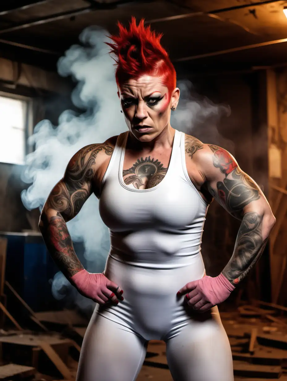 Powerful RedHaired Female Wrestler Flexing Muscles in Smoky Basement