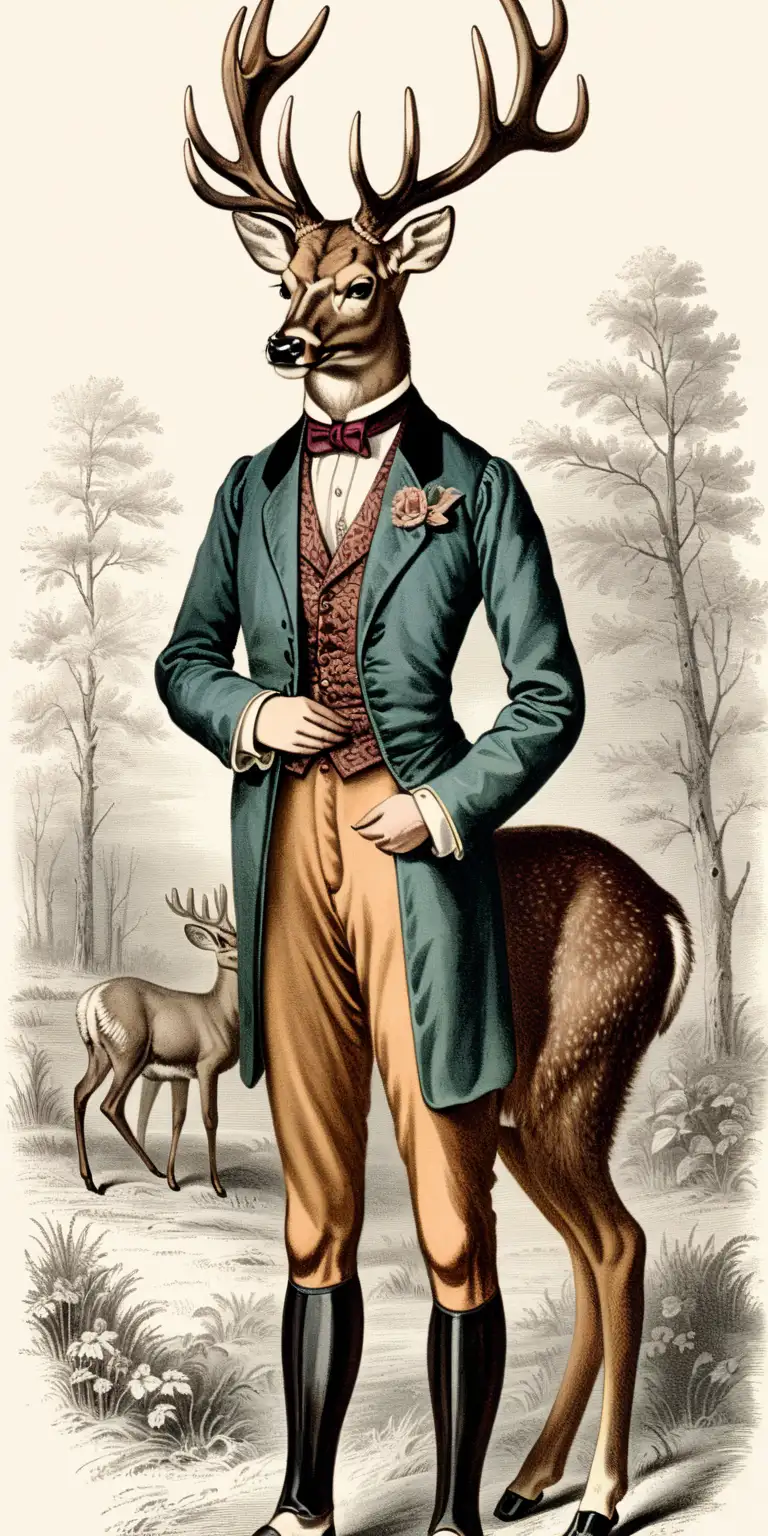 Deer with human head Men's victorian clothing with vintage ilustration
