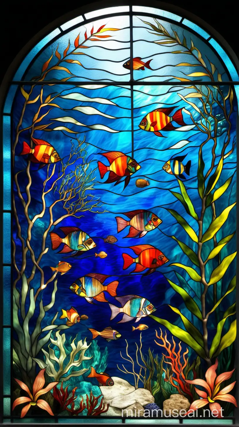 A beautiful stained glass window of blue water and tropical fish, by Frida Kahlo 