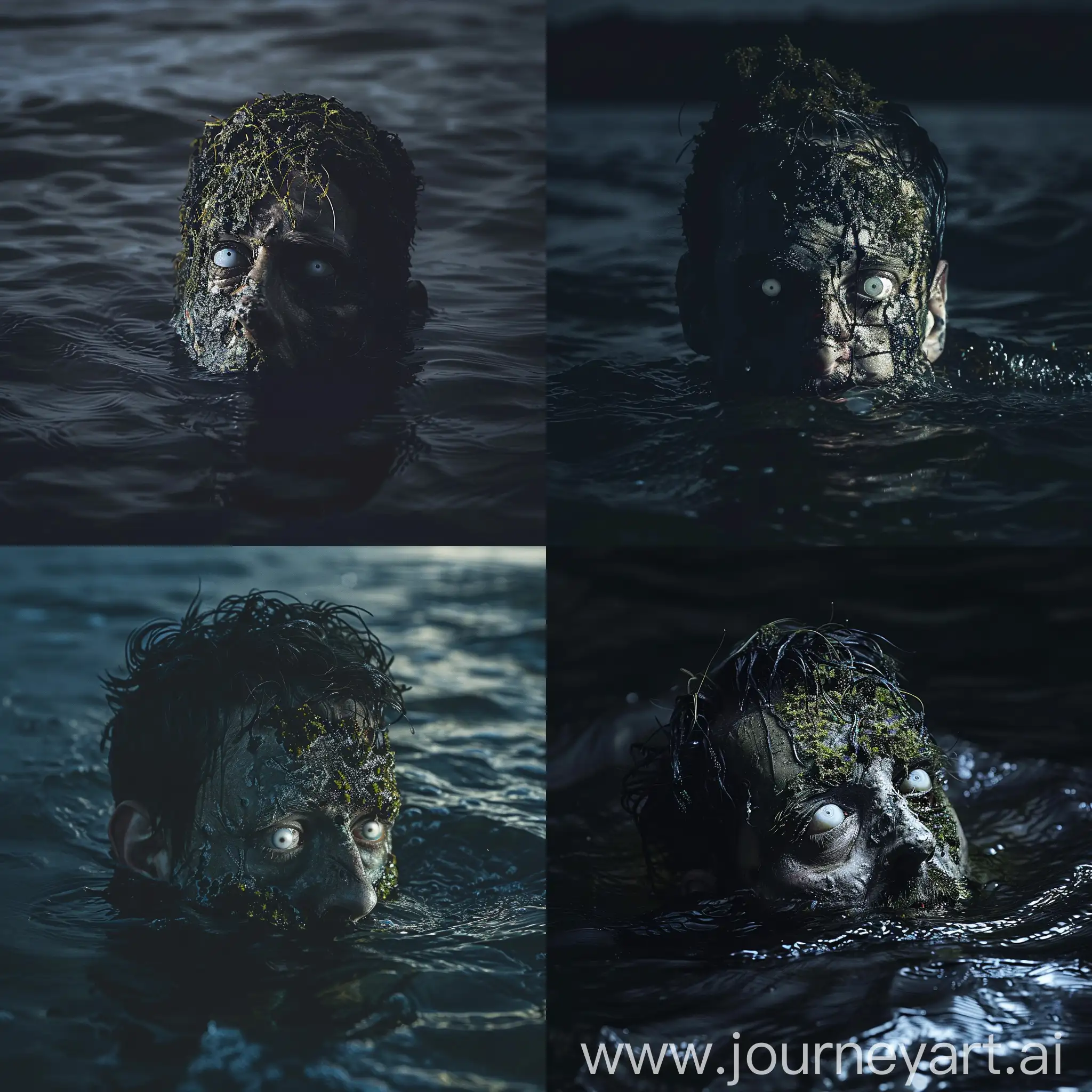 A man took his head out of dark ocean, his face is rotten, moss over his face, white eyeballs, wet hair, midnight, dark eerie, creepy, shadows contrast, cinematic lighting
