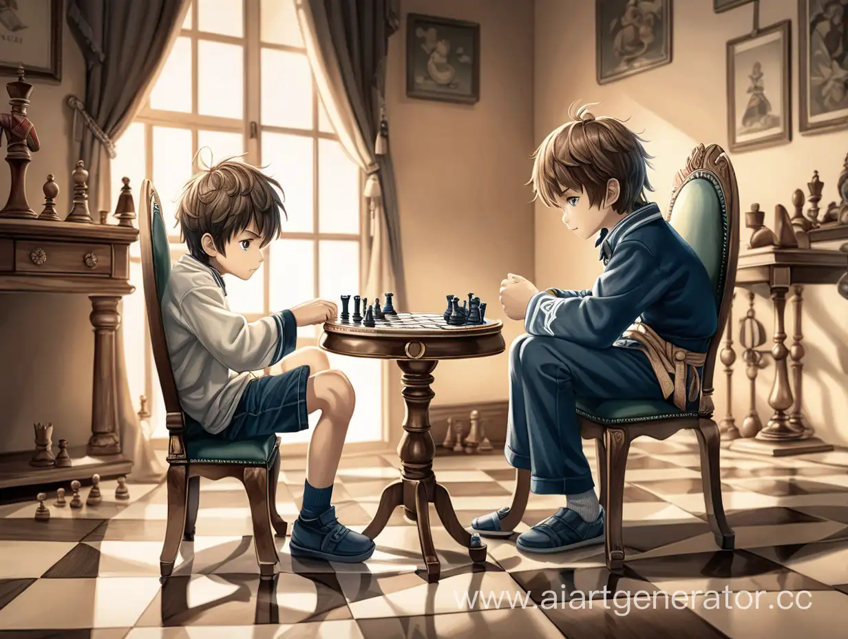 anime,a nine-year-old boy is playing chess with his brother sitting on the floor in a chair
