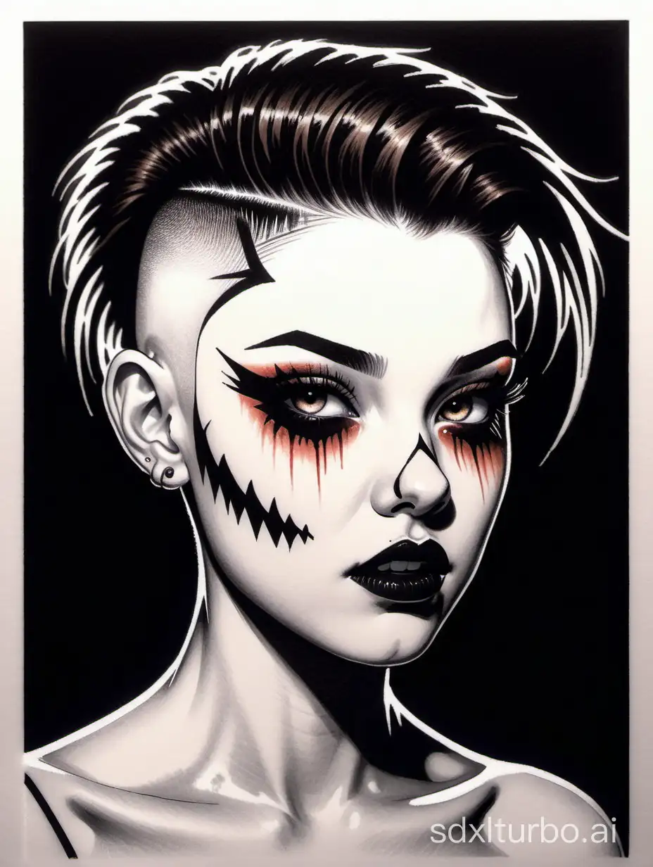 art, drawing, beauty drawing on paper with felt-tip pens, the face of a girl, shaved temple hair, undercut hair, mohawk, in complete darkness, illuminated only by a ray of light, stange eyes, fangs, horror, nightmare, beautiful, aesthetetic